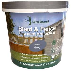 Container of Bird Brand Shed & Fence paint, slate gray, for one coat protection.