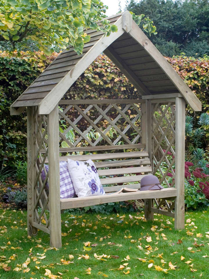 Wooden garden deals seat with roof