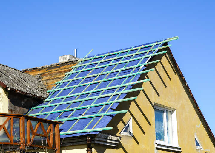 blue roofing battens on a roof