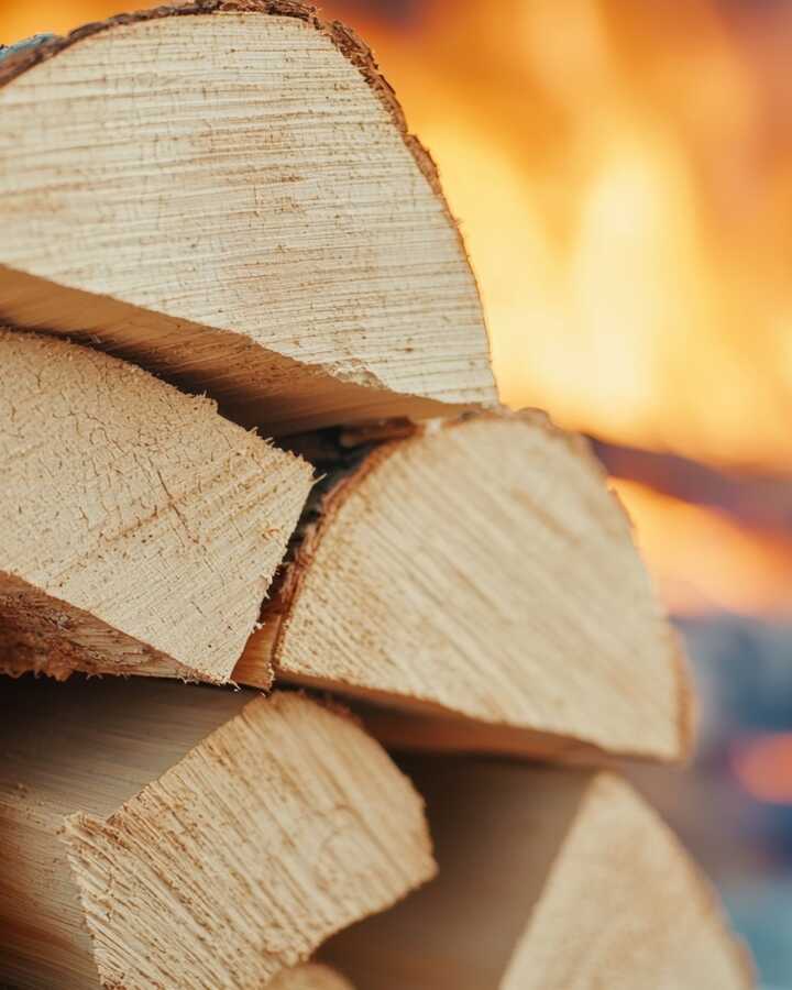 stacked logs with fire in the background